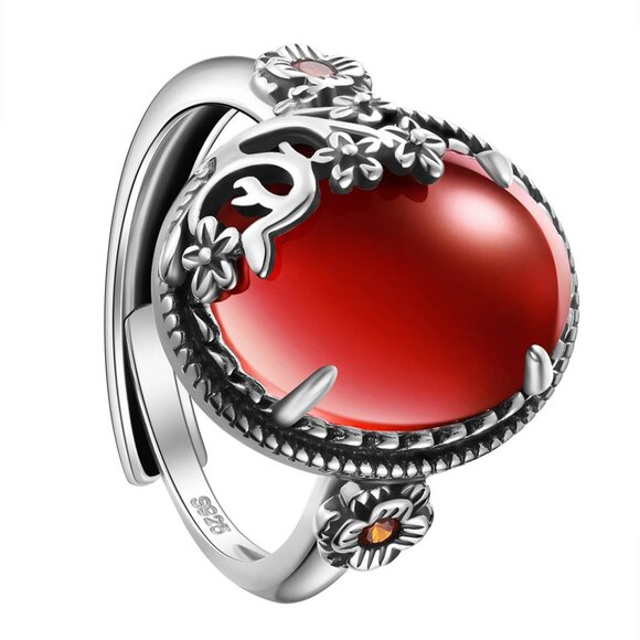 NWOT 925 Sterling Silver Scroll Flowers W Garnet CZ Adjustable ring Stamped 925 - Picture 1 of 5